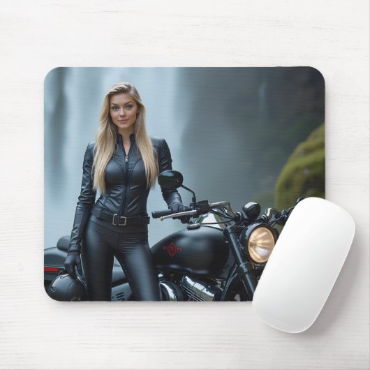 Schöne Frau neben dem Wasserfall des Motorrads Mousepad (Mit Mouse)