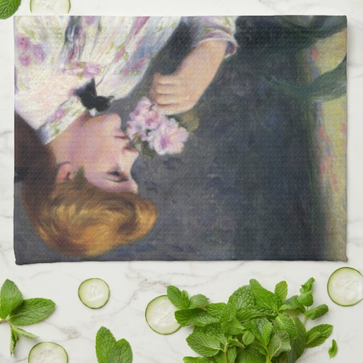 Schöne Frau riecht nach Blume (Reverie) Geschirrtuch (Gefaltet)