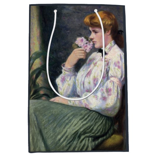 Schöne Frau riecht nach Blumenduft, Blume Mittlere Geschenktüte (Vorderseite)