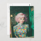 Schöne Frau rosa Haar im Spiegel Postkarte (Vorne/Hinten)