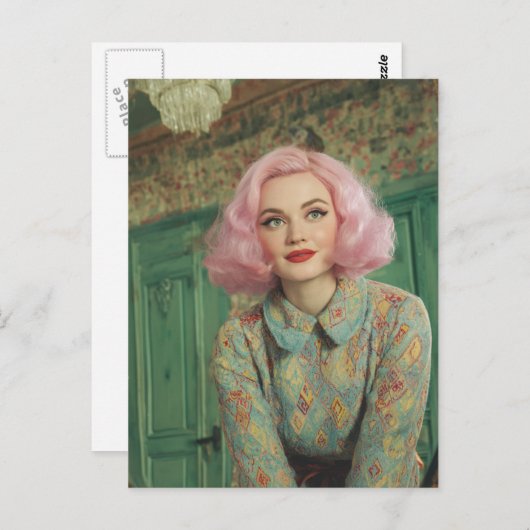 Schöne Frau rosa Haar Retro Haus Postkarte (Vorne/Hinten)