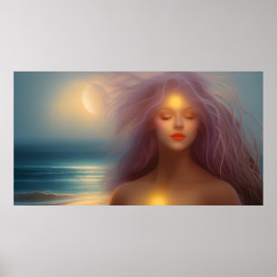 Schöne Frau Strand Mondlicht Ozean 4 Poster