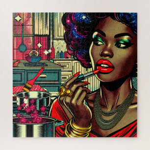 Schöne Frau trägt Lippenstift auf Puzzle