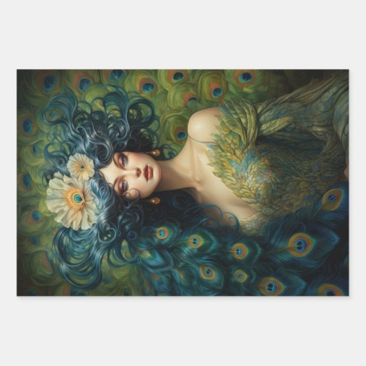 Schöne Frau umgeben von Pfauenfedern Geschenkpapier Set (Vorderseite 2)