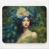 Schöne Frau umgeben von Pfauenfedern Mousepad (Vorne)