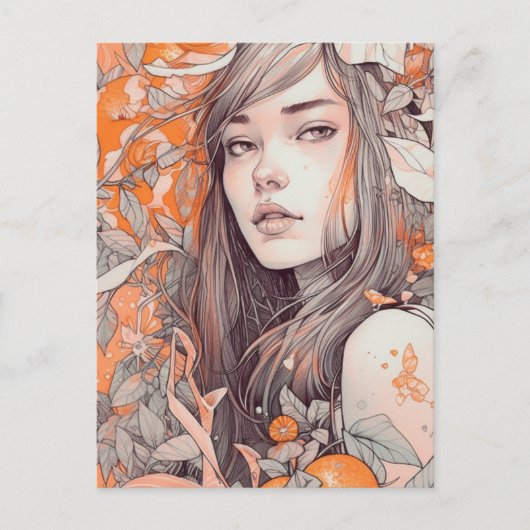 Schöne Frau und Orangen Postkarte (Vorderseite)