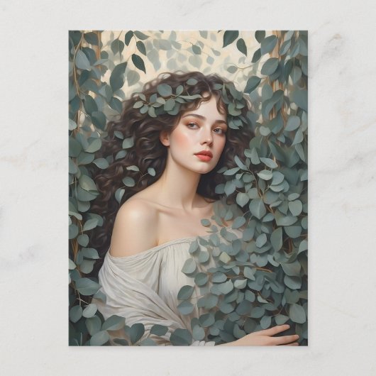 Schöne Frau unter Eukalyptus-Blätter Postkarte (Vorderseite)