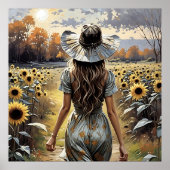 Schöne Frau zu Fuß unter Sonnenblumen Poster (Vorne)