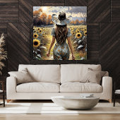 Schöne Frau zu Fuß unter Sonnenblumen Poster