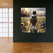 Schöne Frau zu Fuß unter Sonnenblumen Poster