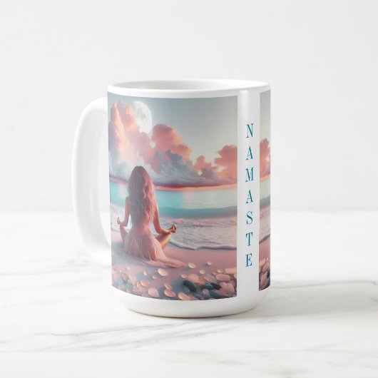 Schöne Frauen meditieren auf Beach Blank Kaffeetasse (Vorderseite Links)