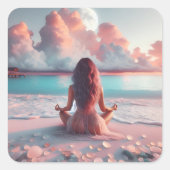 Schöne Frauen meditieren auf Beach Blank Quadratischer Aufkleber (Vorderseite)