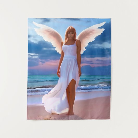 Schöne Frauen mit Angel Wings am Strand Wandteppich (Vorderseite)