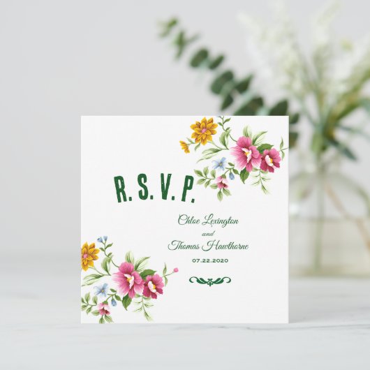 Schöne Frühlingsblumen Hochzeitkarte RSVP Einladung (Stehend Vorderseite)