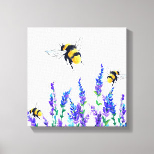 Schöne Frühlingsblumen und Bienen fliegen - Zeichn Leinwanddruck