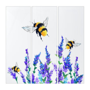 Schöne Frühlingsblumen und Bienen fliegen - Zeichn Triptychon