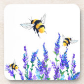 Schöne Frühlingsblumen und Untersetzer mit Bienen (Vorderseite)