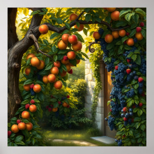 Schöne Gartenlandschaft mit reifen Äpfeln und Trau Poster