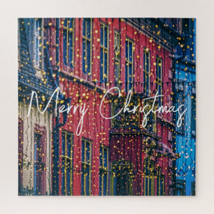 Schöne Gebäude in Weihnachtsbeleuchtung bedeckt Puzzle