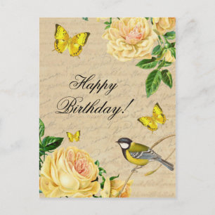 Schöne Geburtstagskarte mit Rosen und Vogel Postkarte