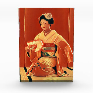 Schöne Geisha mit Fan Red und Yellow Artwork Fotoblock