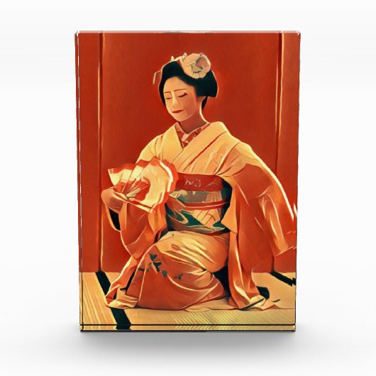 Schöne Geisha mit Fan Red und Yellow Artwork Fotoblock (Vorderseite)