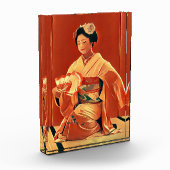 Schöne Geisha mit Fan Red und Yellow Artwork Fotoblock (Links)