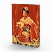 Schöne Geisha mit Fan Red und Yellow Artwork Fotoblock (Rechts)