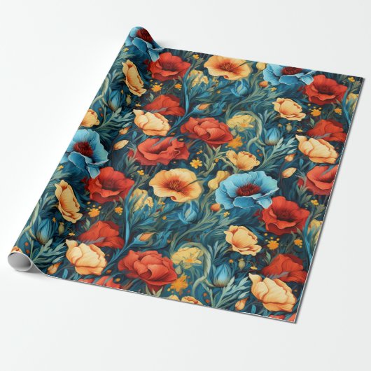 Schöne gelbe blaue Blumen Botanische Printwerbung Geschenkpapier (Ungerollt)