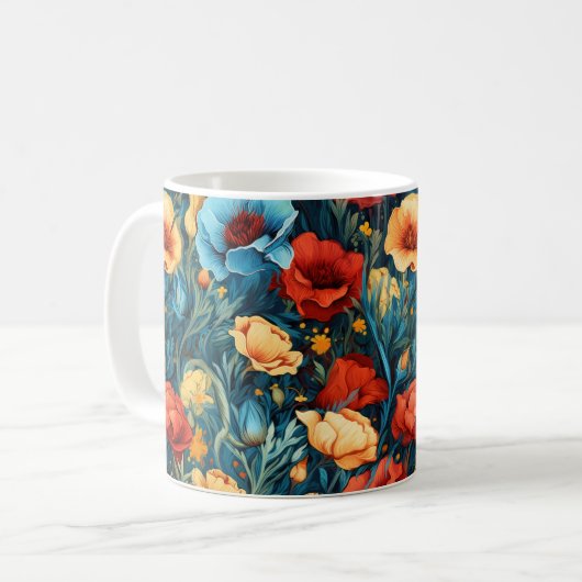 Schöne gelbe blaue Blumen Botanische Printwerbung Kaffeetasse (Vorderseite Links)