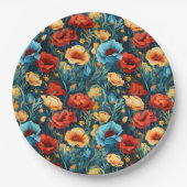Schöne gelbe blaue und rote Blumenmuster Pappteller (Vorderseite)