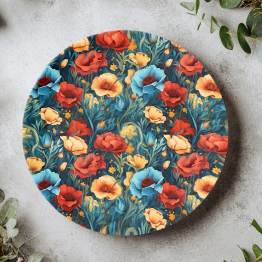 Schöne gelbe blaue und rote Blumenmuster Pappteller