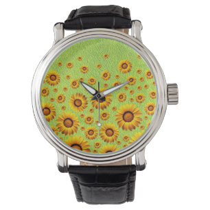 Schöne gelbe Blumen auf abstraktem Grün Armbanduhr