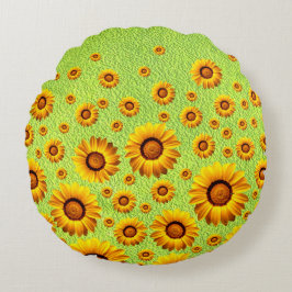 Schöne gelbe Blumen auf abstraktem Grün Rundes Kissen