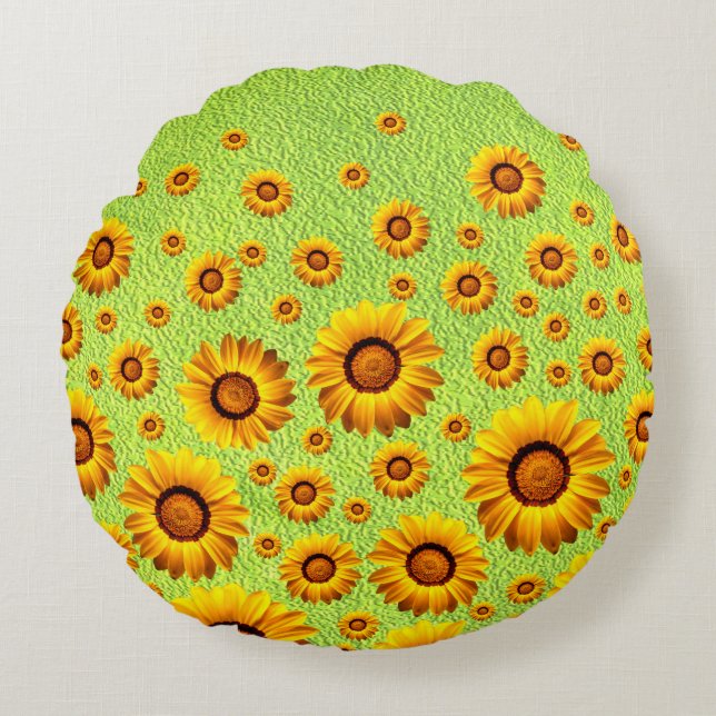 Schöne gelbe Blumen auf abstraktem Grün Rundes Kissen (Vorderseite)
