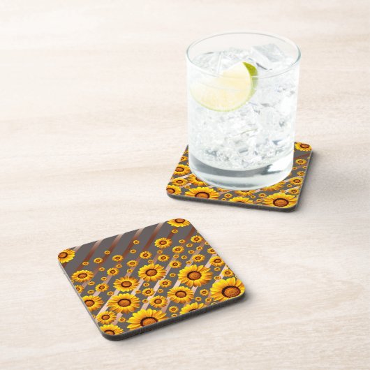 Schöne gelbe Blumen auf grauen, braunen Streifen Getränkeuntersetzer (Rechte Seite)