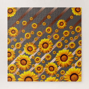 Schöne gelbe Blumen auf grauen, braunen Streifen Puzzle