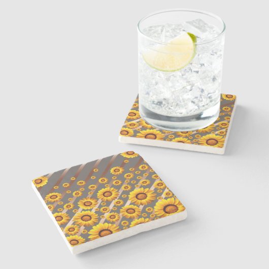 Schöne gelbe Blumen auf grauen, braunen Streifen Steinuntersetzer (Seitenansicht)