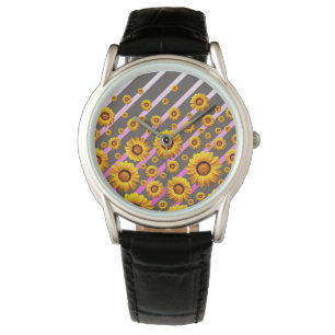 Schöne gelbe Blumen auf grauen, rosa Streifen Armbanduhr