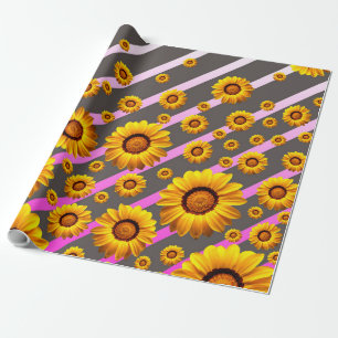Schöne gelbe Blumen auf grauen, rosa Streifen Geschenkpapier