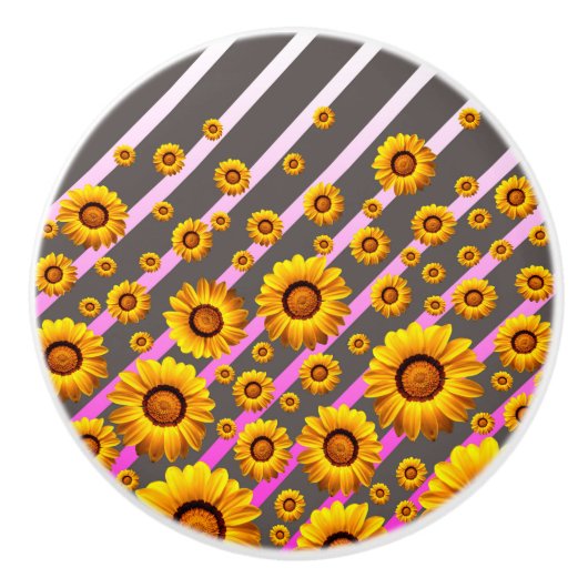 Schöne gelbe Blumen auf grauen, rosa Streifen Keramikknauf (Vorderseite)