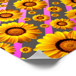 Schöne gelbe Blumen auf grauen, rosa Streifen Poster