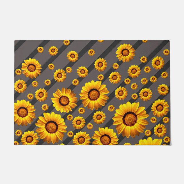 Schöne gelbe Blumen auf grauen, schwarzen Streifen Fußmatte (Vorderseite)
