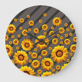 Schöne gelbe Blumen auf grauen, schwarzen Streifen Große Wanduhr