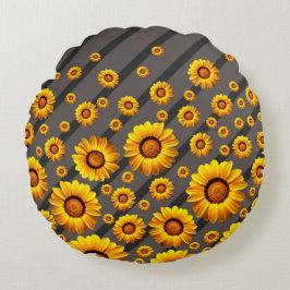 Schöne gelbe Blumen auf grauen, schwarzen Streifen Rundes Kissen