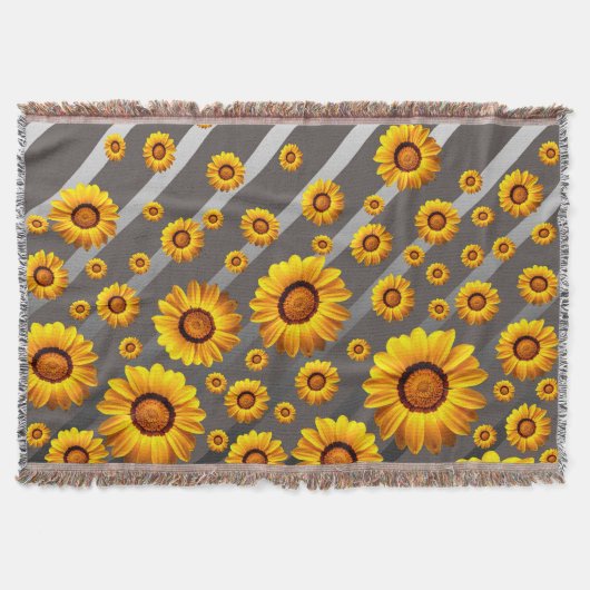 Schöne gelbe Blumen auf grauen, silbernen Streifen Decke (Vorderseite)