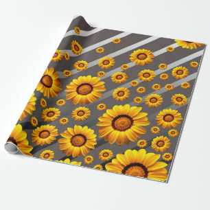 Schöne gelbe Blumen auf grauen, silbernen Streifen Geschenkpapier
