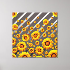 Schöne gelbe Blumen auf grauen, silbernen Streifen Leinwanddruck