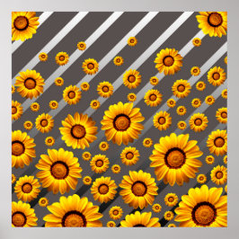 Schöne gelbe Blumen auf grauen, silbernen Streifen Poster