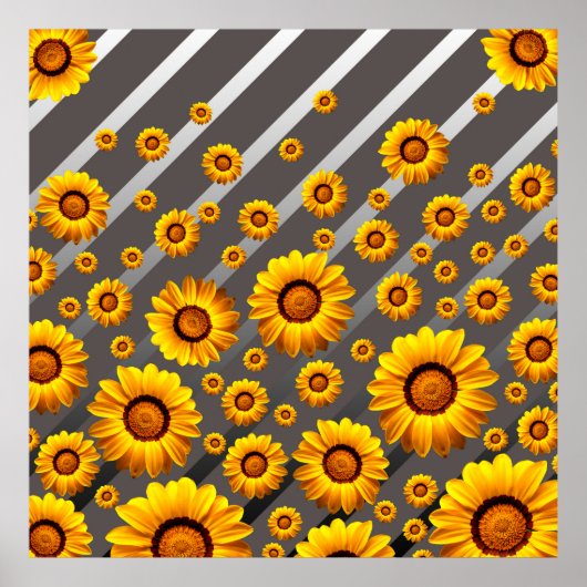 Schöne gelbe Blumen auf grauen, silbernen Streifen Poster (Vorne)